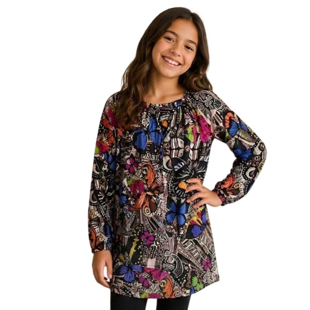 Desigual Urban Butterfly Print Popover Top Girls Size 11/12 Black Graffiti Tee